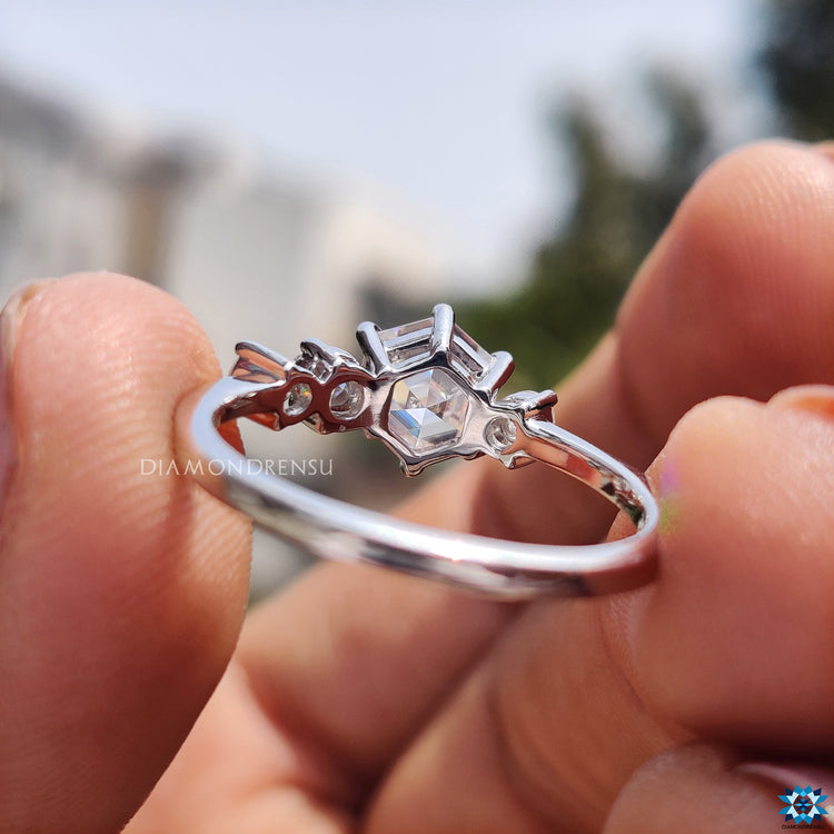 UK engagement ring with unique hexagon shape and moissanite sparkle.
