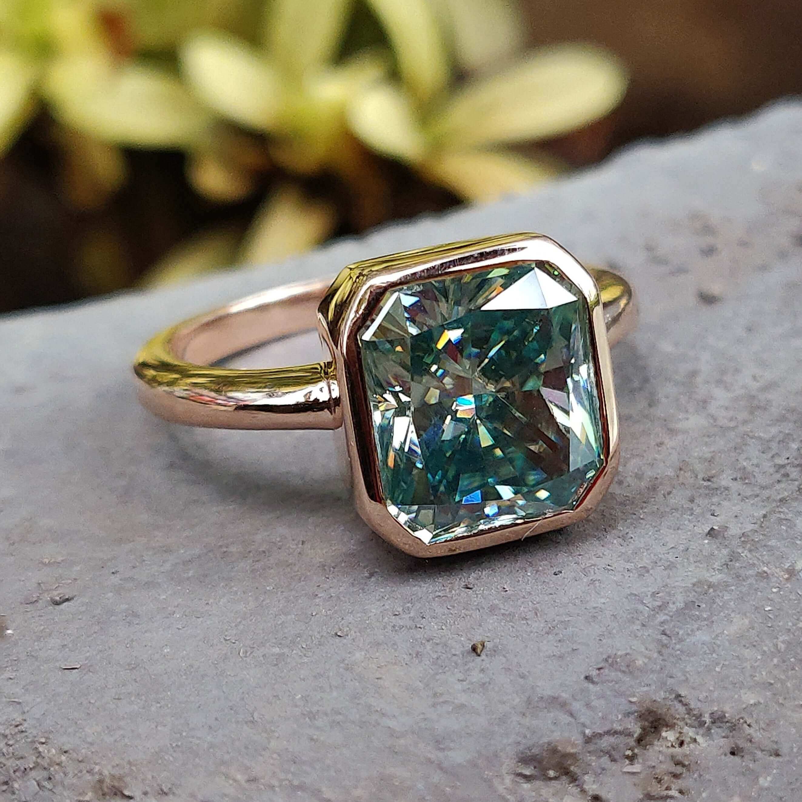 Bezel radiant engagement ring bezel radiant ring Cyan Blue Ring moissanite for engagement ring custom ring
