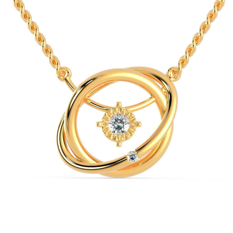 Interlocking gold pendant with two round cut lab grown diamonds.
