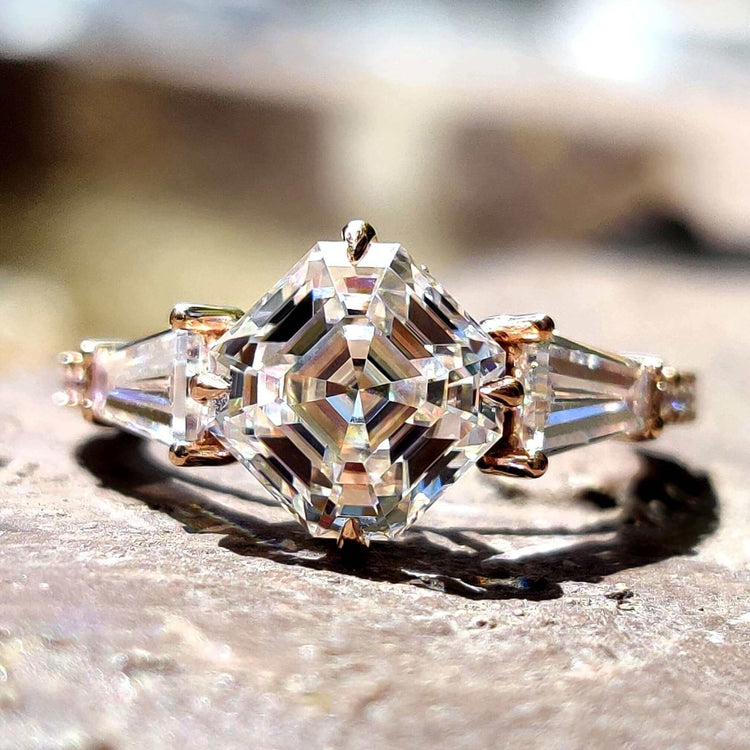 Octavia cut moissanite engagement ring in rose gold.
