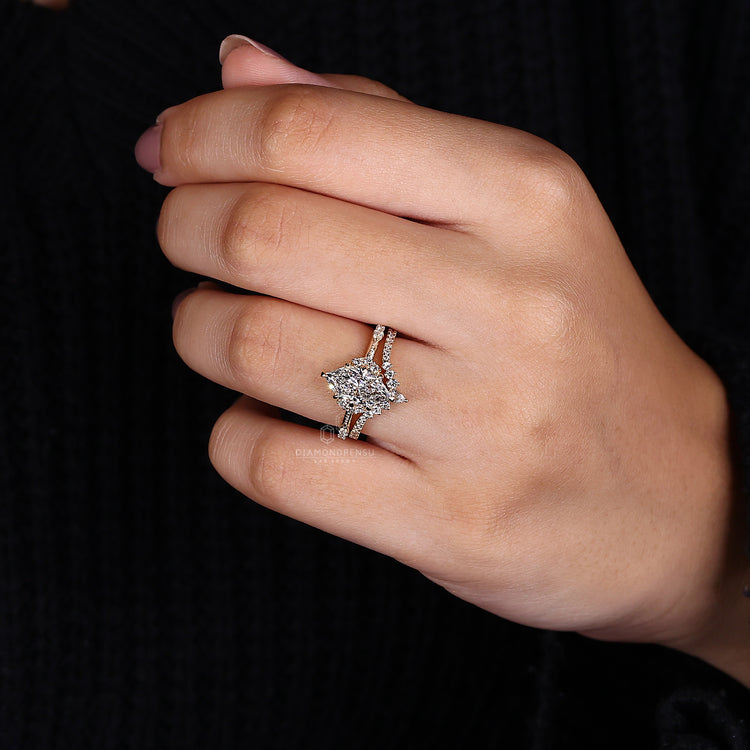 Milgrain ring design paired with a pear and round diamond wedding band.
