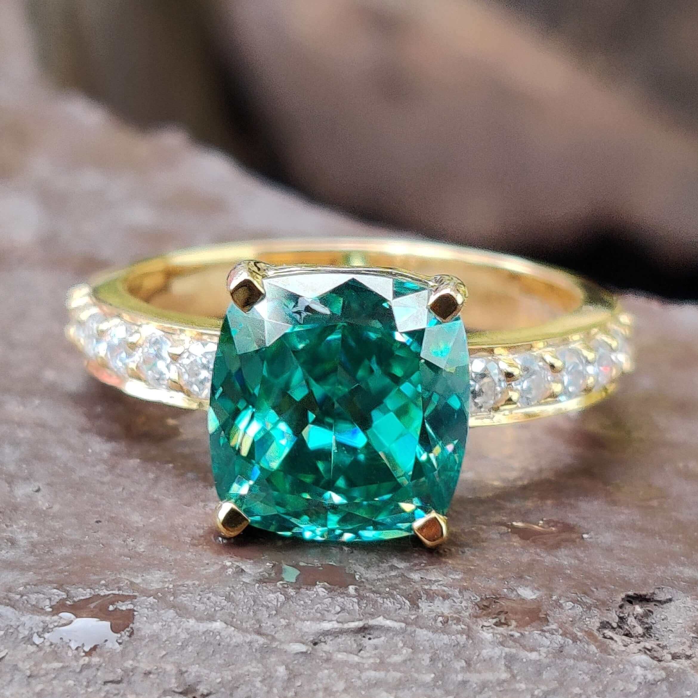 Cushion cut engagement ring, green moissanite, pave setting ring, moissanite ring.