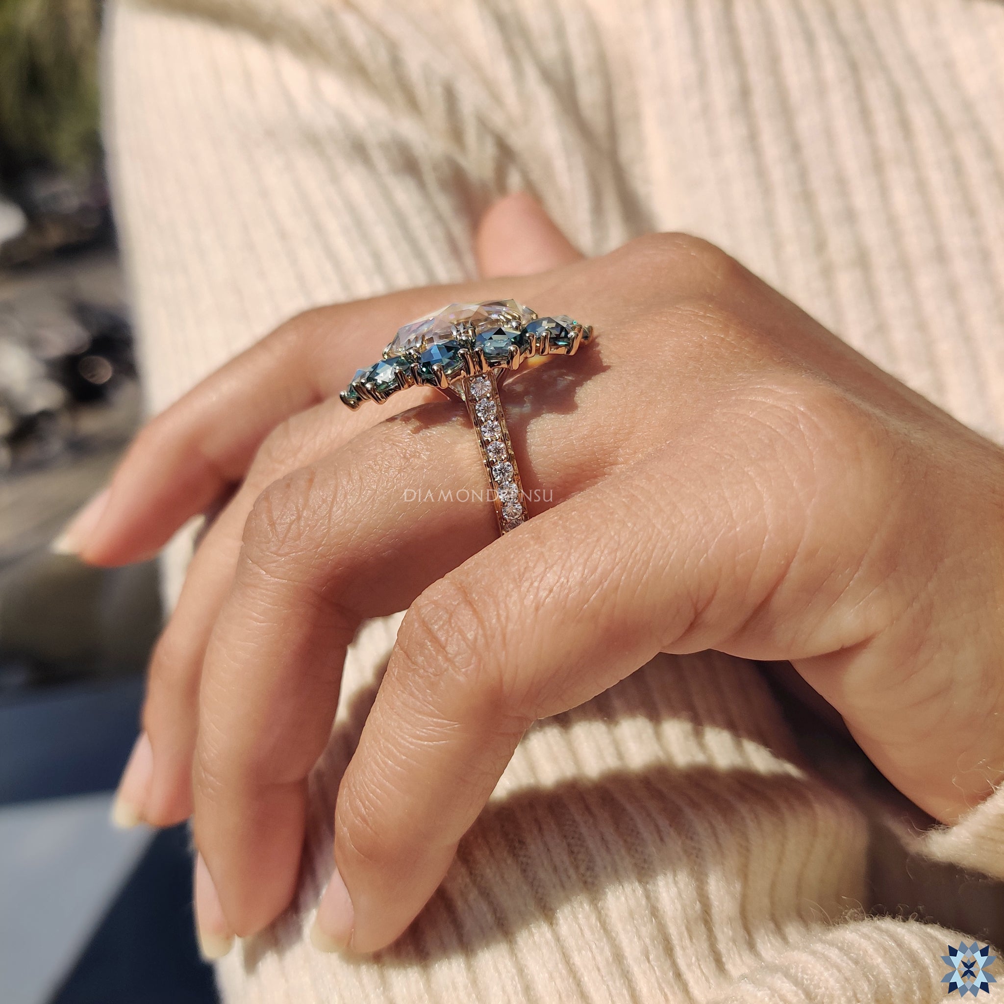 Yellow gold ring with cathedral engagement ring
