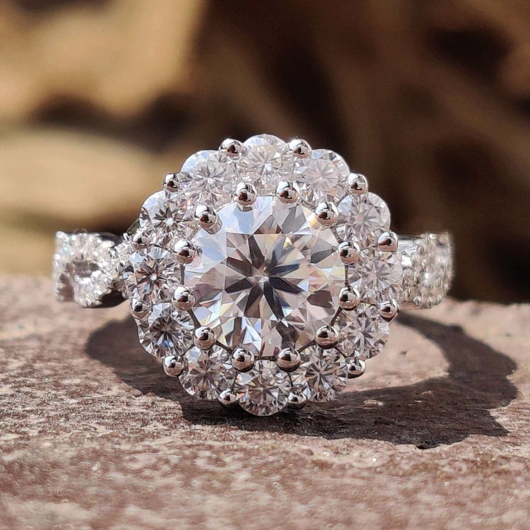 Art deco moissanite ring with round cut stone.
