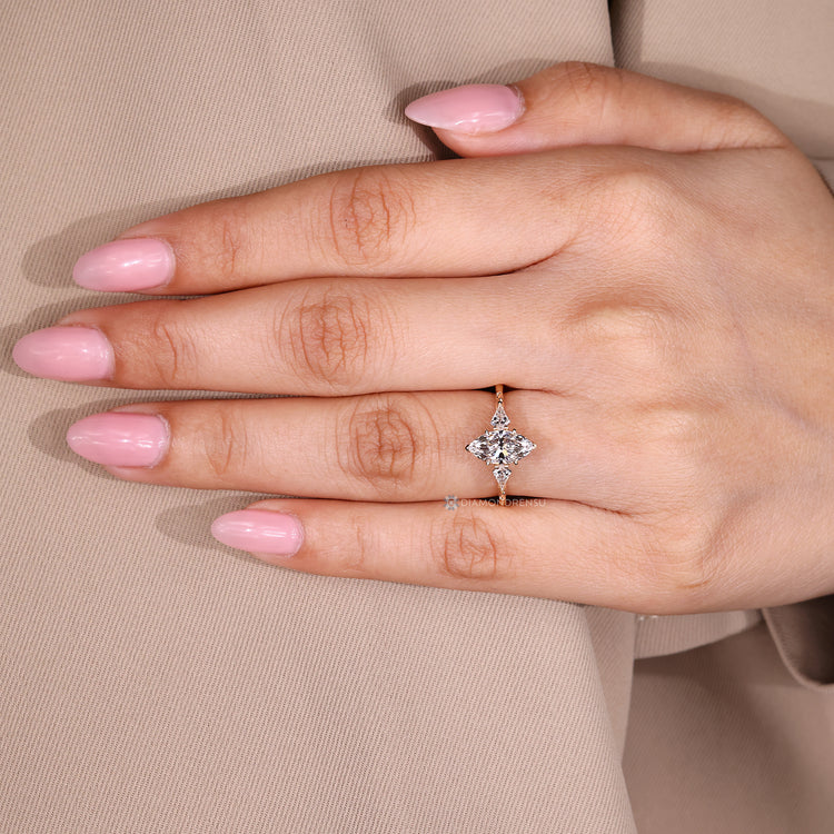 Handmade lab grown diamond ring with four prongs.
