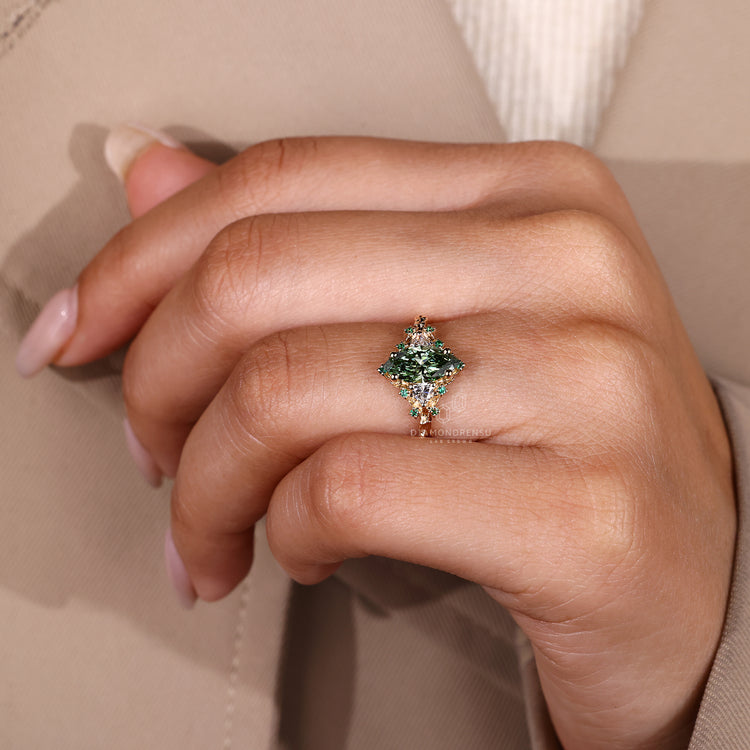 IGI certified marquise diamond ring with cluster setting.