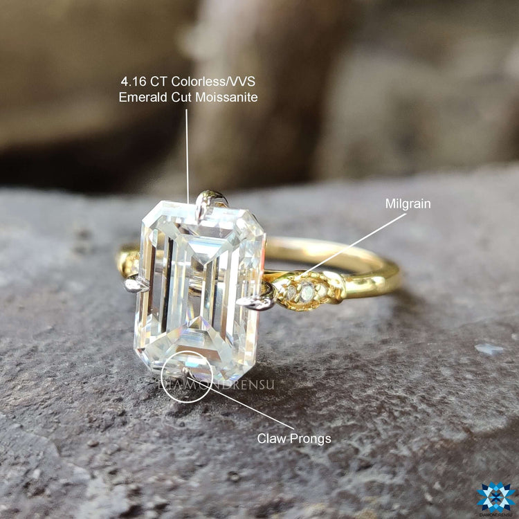 Handmade jewelry with emerald cut and round cut moissanite.

