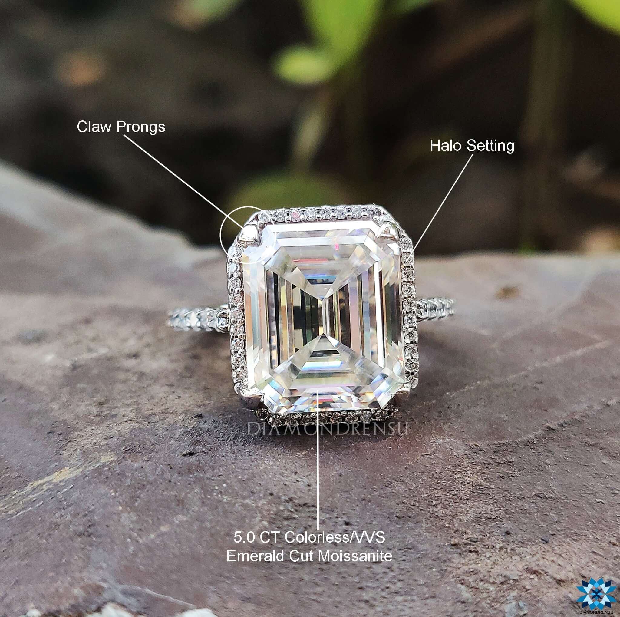 Custom ring with a beautiful emerald cut moissanite ring and pave setting ring.