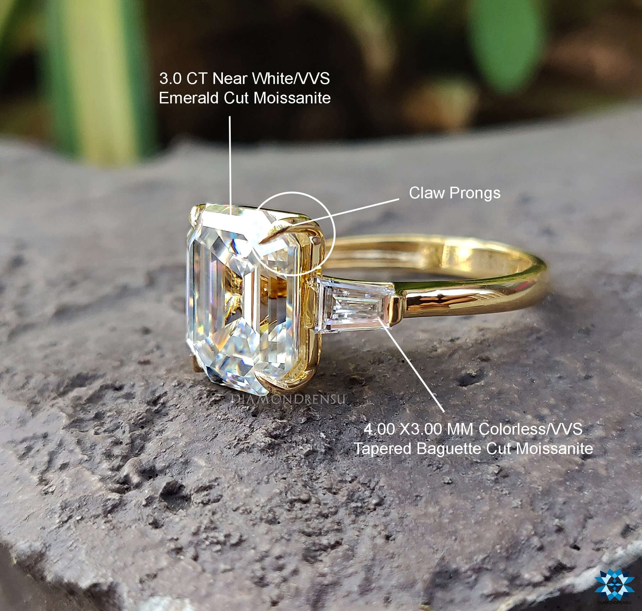 Handmade Jewelry featuring a 3 Stone Moissanite Ring in a yellow gold setting.