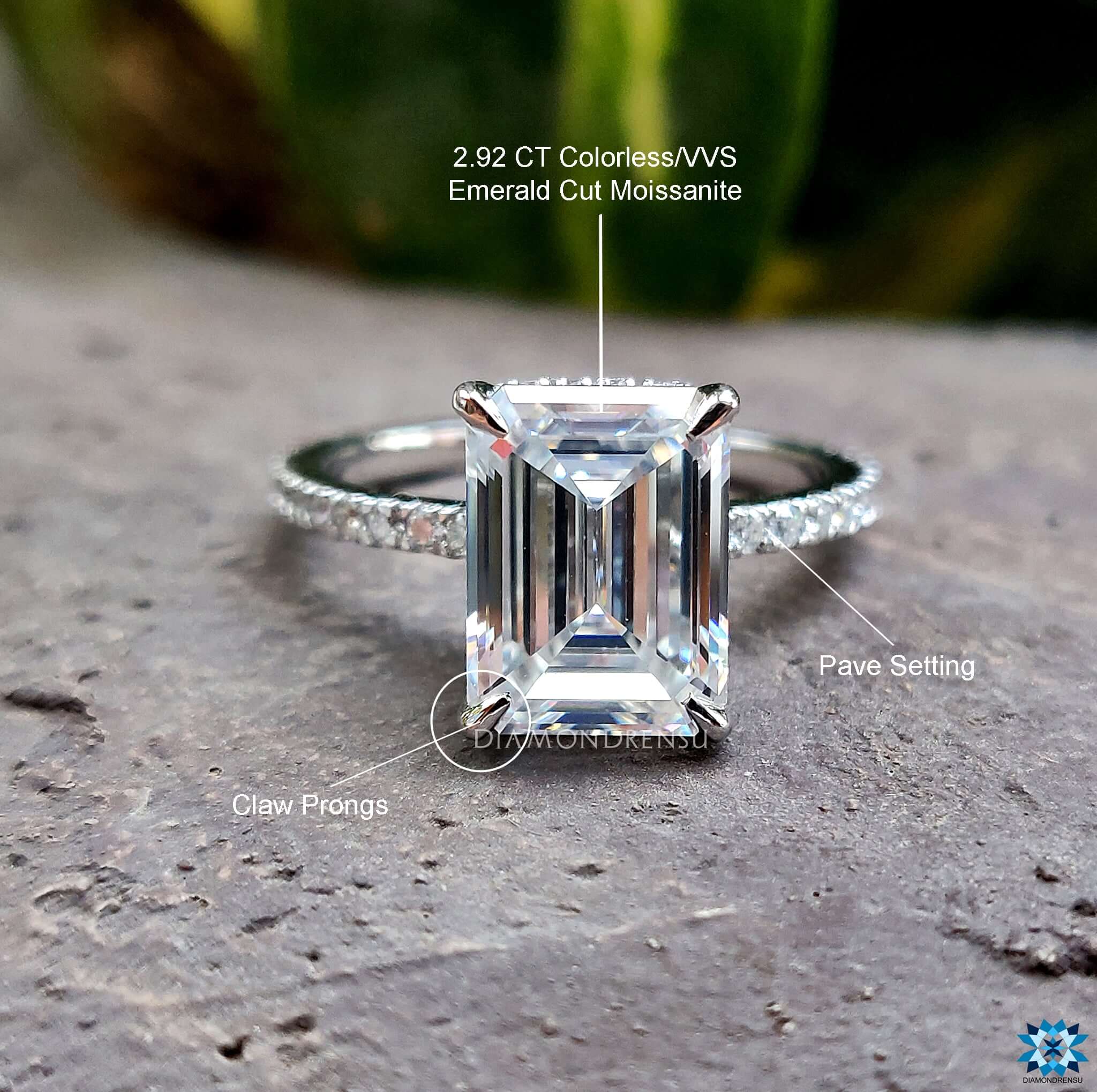 Handmade jewelry featuring an elegant emerald cut ring and pave setting.