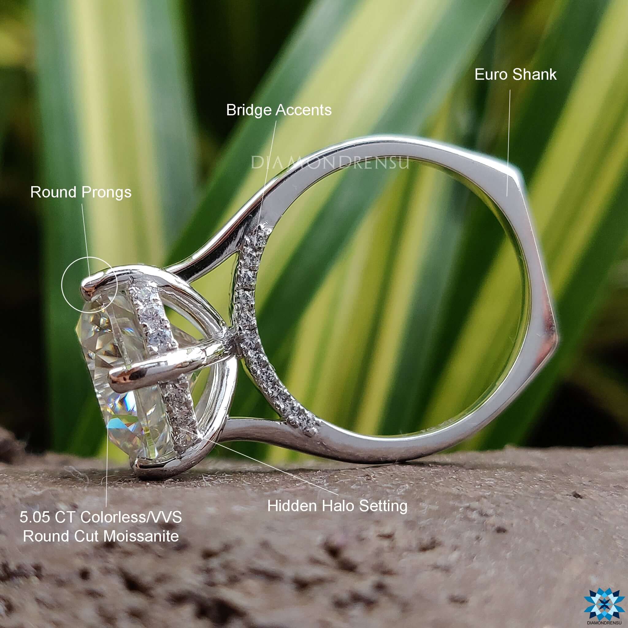 Handmade ring with hidden halo moissanite stones and a prong setting.