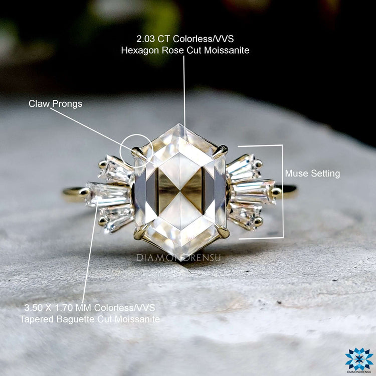 Moissanite engagement ring featuring rose cut and custom design.
