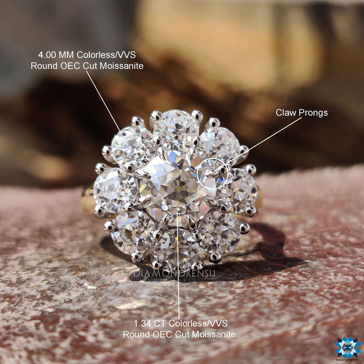 Moissanite engagement ring with antique-inspired Old European cut.
