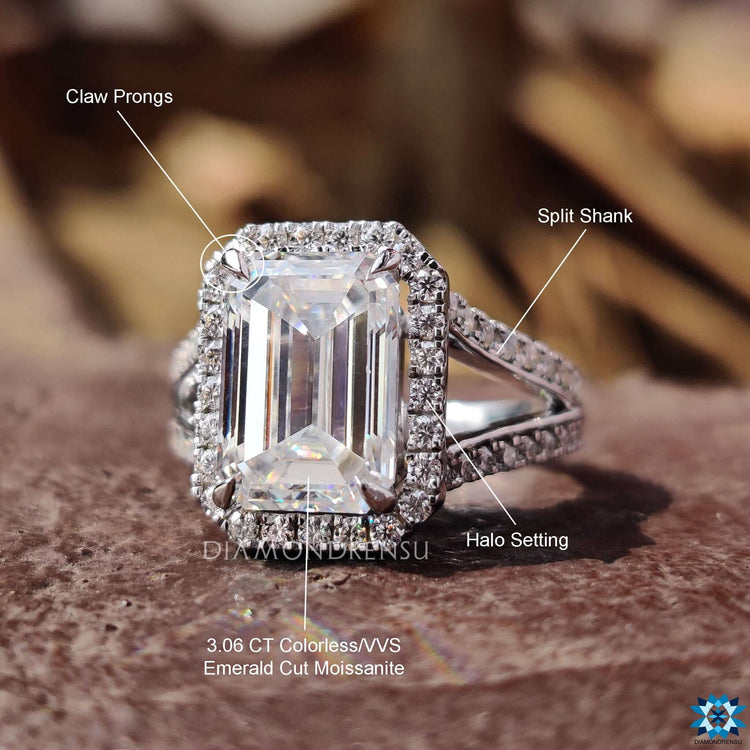 Pave set split shank ring with moissanite halo.
