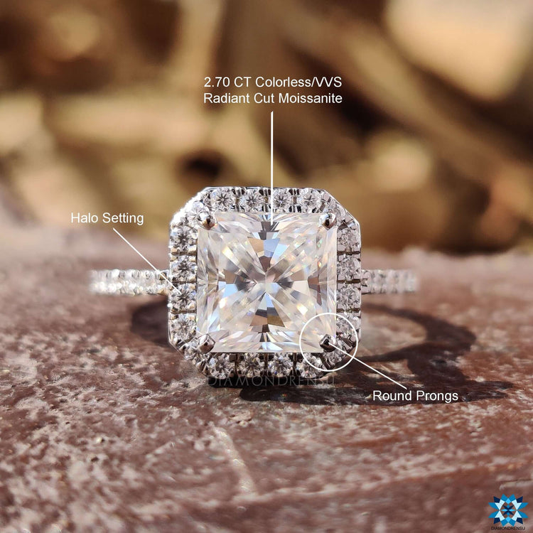 Buy moissanite ring with halo and pave design.
