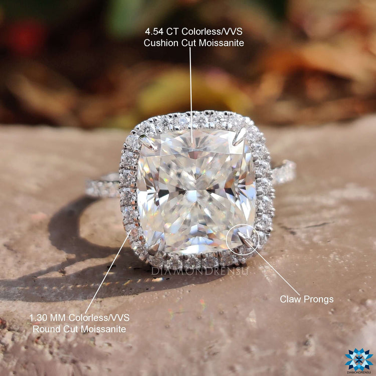 Buy moissanite ring with halo and pave details.
