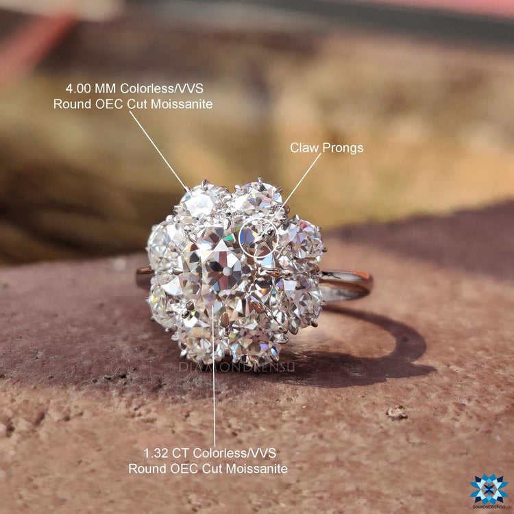 White gold cluster halo ring with round cut moissanite.
