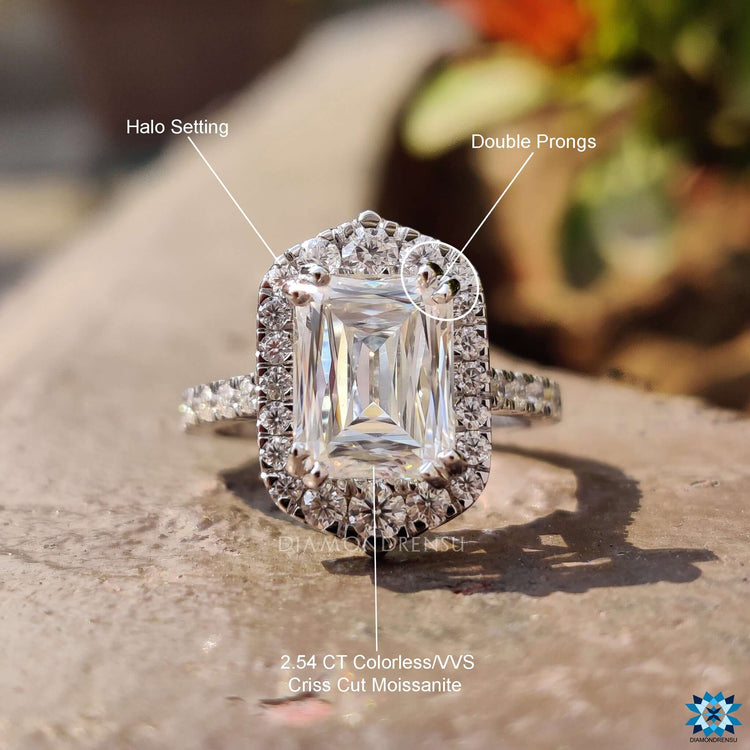 Criss cut moissanite engagement ring with pave band.
