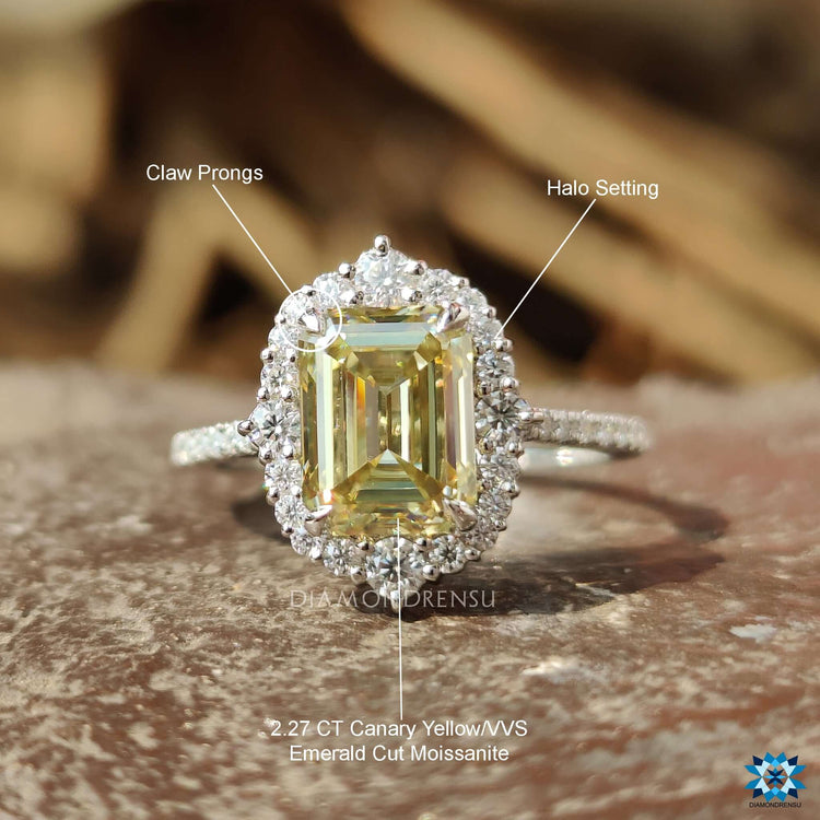 Engagement ring with canary moissanite and prong mount.
