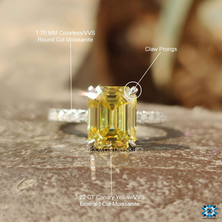 Pave set white gold ring with canary moissanite and hidden halo.
