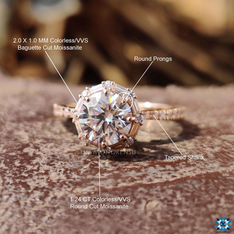 Handmade rose gold moissanite halo ring.
