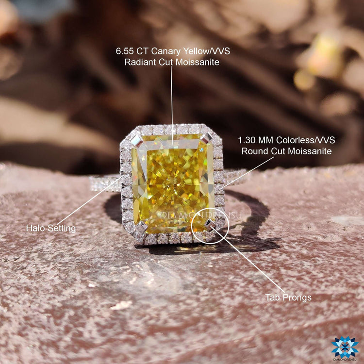 Pave setting ring with canary yellow radiant moissanite.
