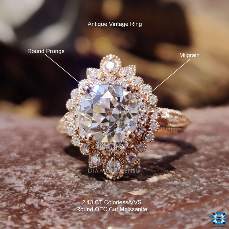 Rose gold handmade ring with old European cut moissanite.
