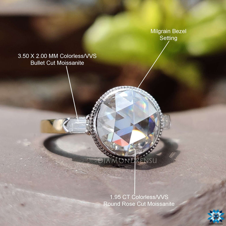 Buy moissanite ring with bullet cut side stones.
