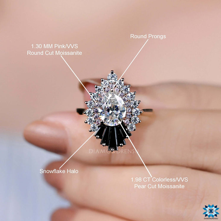 Buy moissanite ring with snowflake and halo design.
