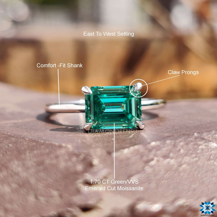 Buy moissanite ring in emerald east west setting.
