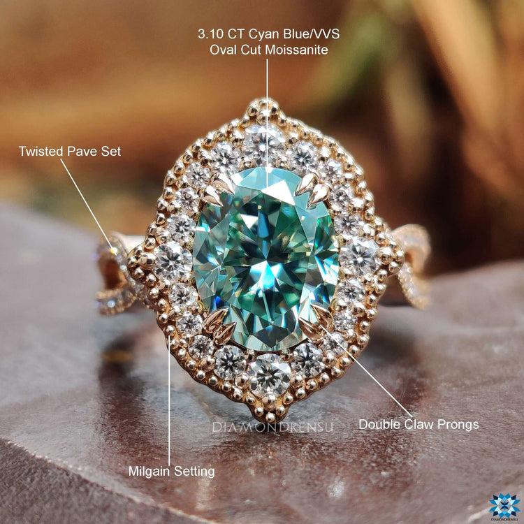 Oval moissanite ring with halo design.
