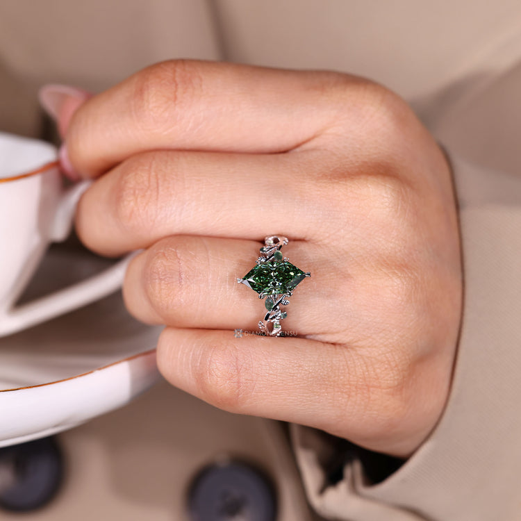 Lab grown diamond ring with six leaf prong setting.