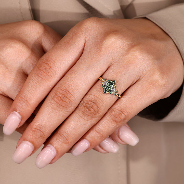 Green diamond ring with four prong setting handmade.