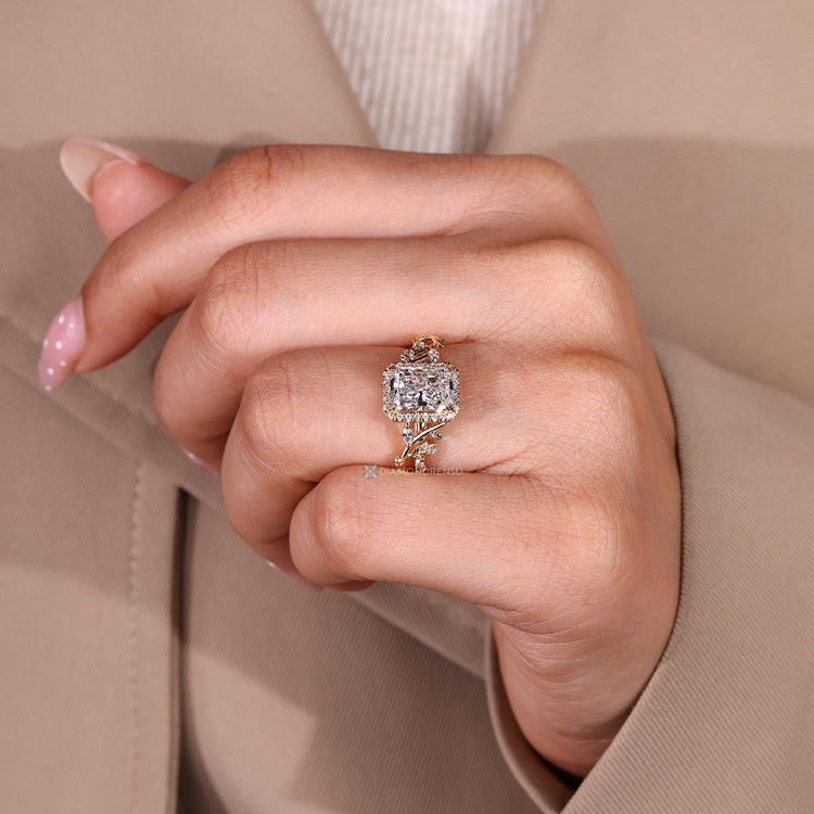Radiant cut lab grown diamond ring with halo.