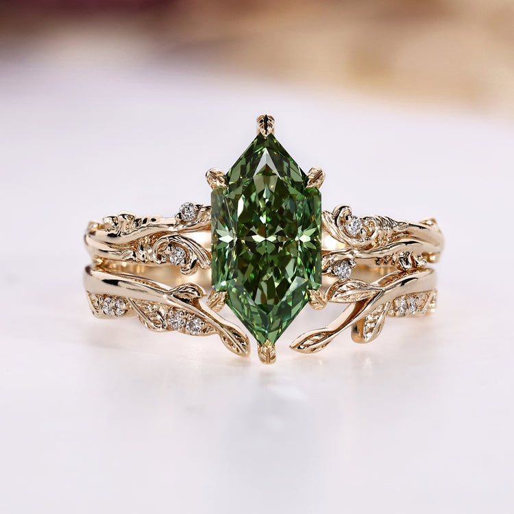 Green Dutch Marquise Diamond Ring And Wedding Band In Split Shank
