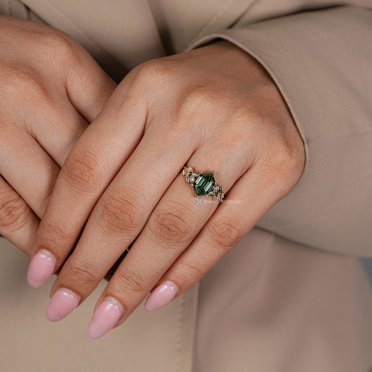 IGI certified hexagon cut diamond engagement ring.