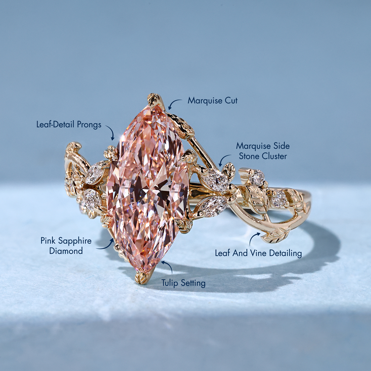 Marquise ring with tulip setting and pink centre diamond.