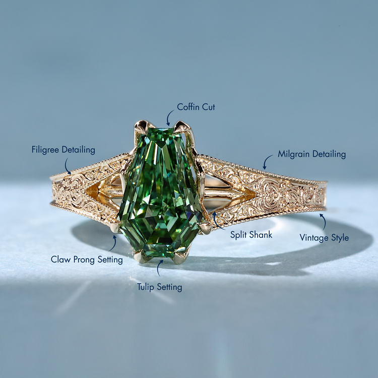 Coffin cut engagement ring with six claw prong setting.