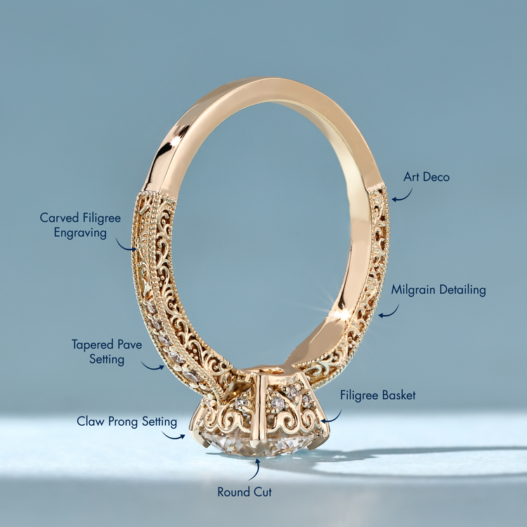 Round cut diamond ring with pinch shank and milgrain details.