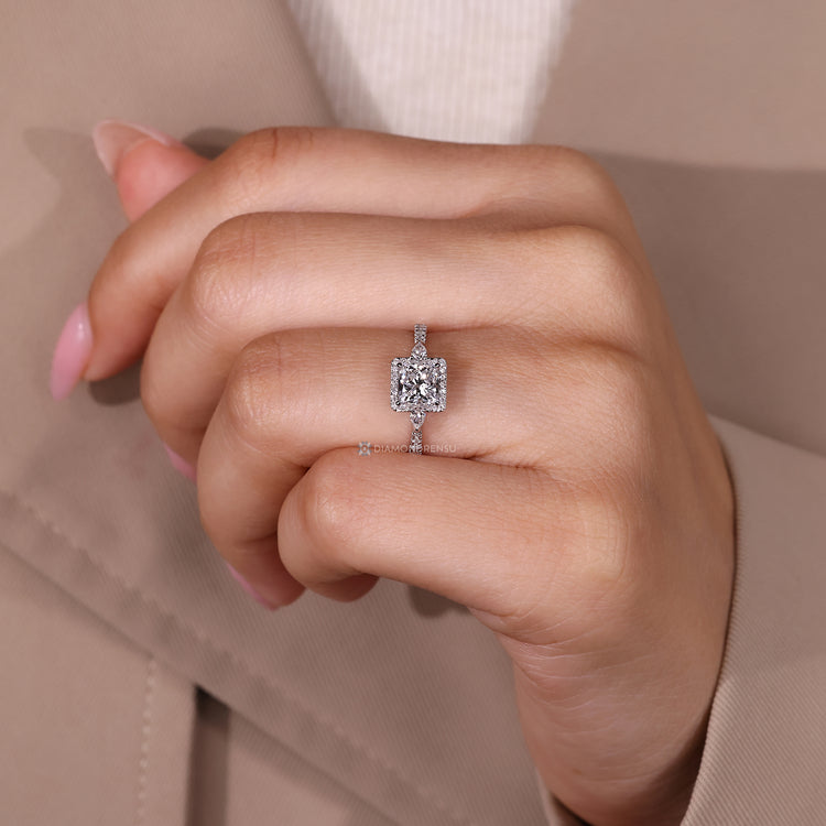 Princess cut lab grown diamond ring with halo style.
