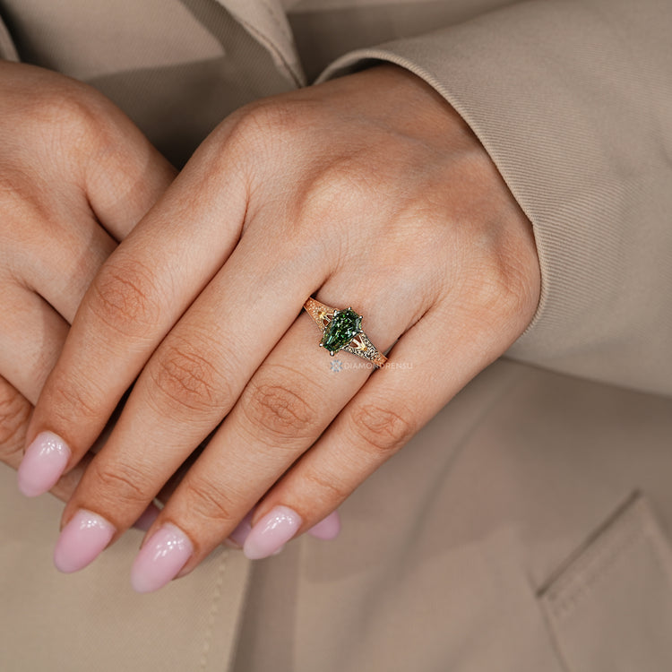 Coffin cut lab grown diamond ring with tulip setting.