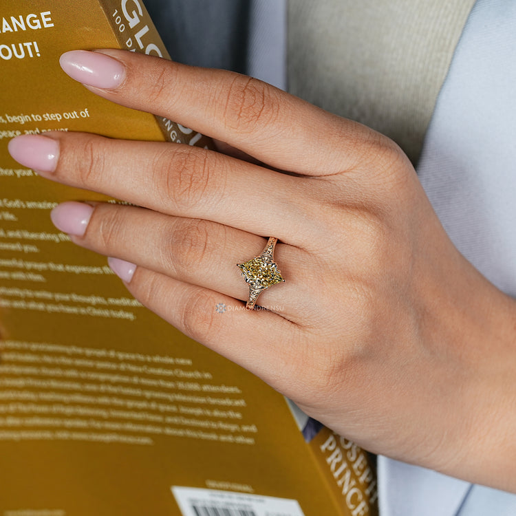 Yellow Dutch marquise cut diamond ring with tulip setting