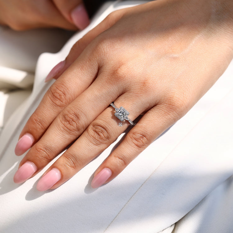 Lab grown diamond ring with round pave diamonds.