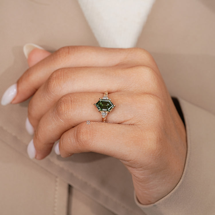 IGI certified hexagon cut diamond engagement ring.