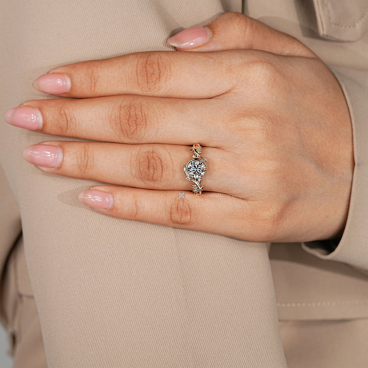 Lab grown diamond ring with three prong setting.