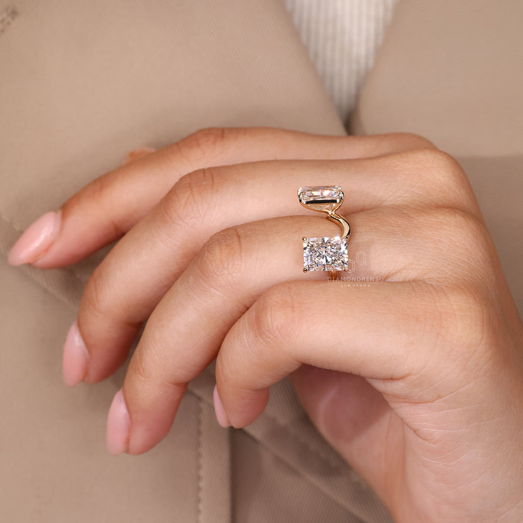 IGI certified radiant cut ring with two stone design.