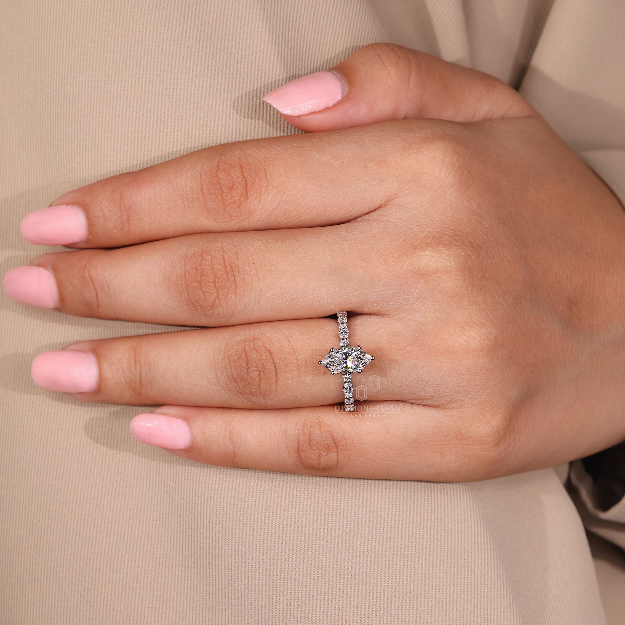 Lab Grown Diamond ring with marquise center stone.
