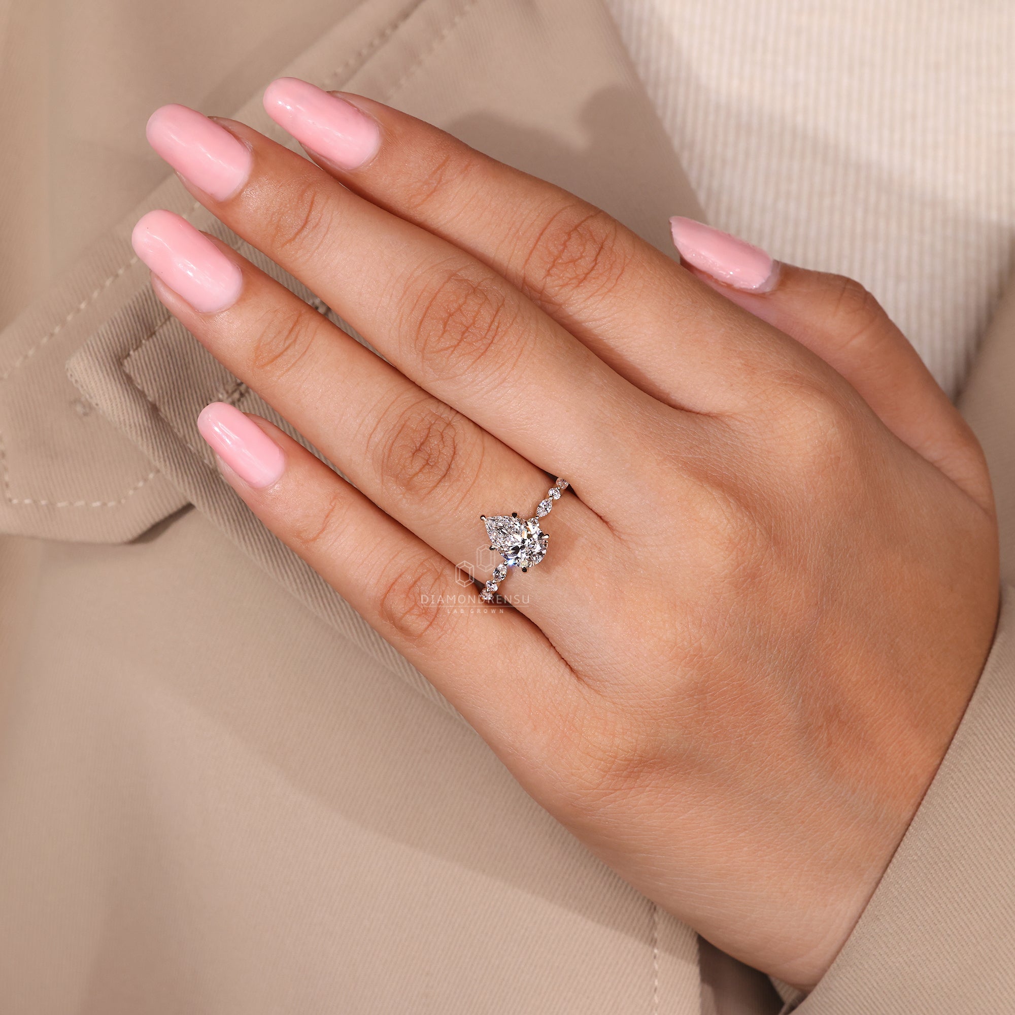 Lab Grown Diamond set in pear shaped design.
