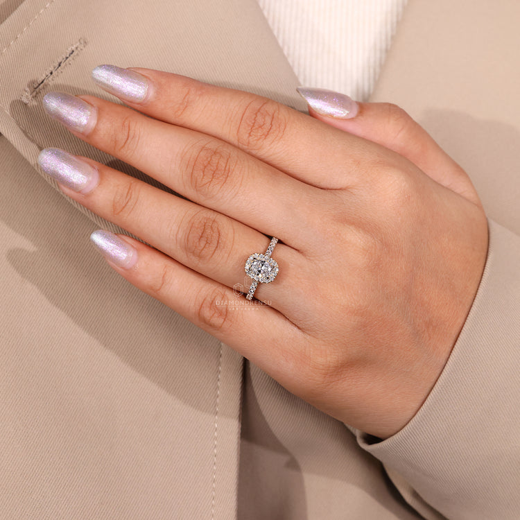 Custom engagement ring featuring oval and round mix.
