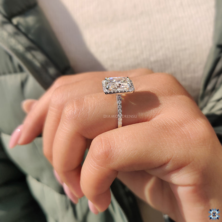 Halo engagement ring in prong setting
